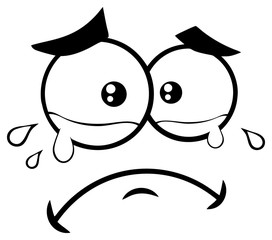 Black And White Crying Cartoon Funny Face With Tears And  Expression. Illustration Isolated On White Background