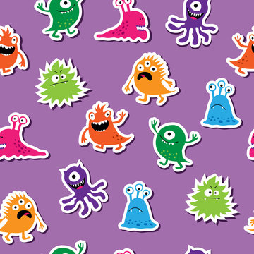 Abstract background of cute monsters on a purple background