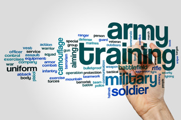 Army training word cloud concept on grey background