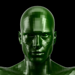 3D rendering. Faceted green robot face with green eyes looking front on camera.