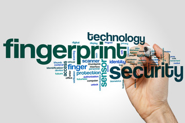 Fingerprint security word cloud concept  on grey background