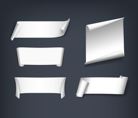 Set of white, realistic, paper ribbons. Vector illustration.