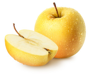 Isolated apples. Whole yellow (golden) apple fruit with half isolated on white, with clipping path