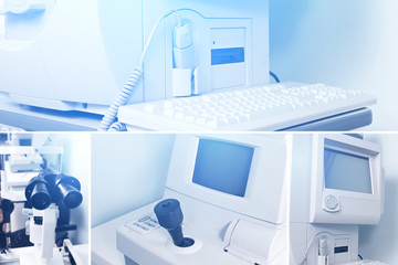Equipment for ophthalmology. Computer and optical equipment for testing eyesight in the clinic.