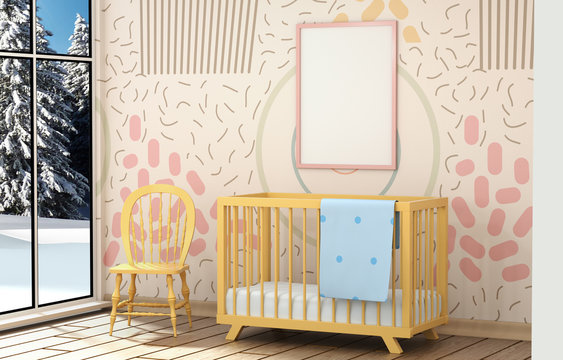 Abstract cozy children's room with a cot and Memphis wall. 3D illustration of the interior with a winter landscape