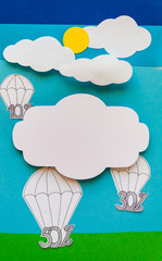 Concept of modern sale. Sky, clouds, parachutes, discounts cut from paper.