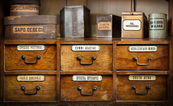 Bottles on the shelf in old pharmacy. Retro style.