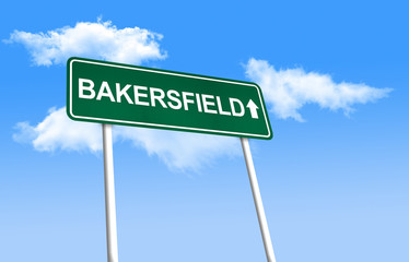 Road sign - Bakersfield. Green road sign (signpost) on blue sky background. (3D-Illustration)

