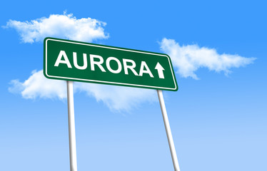 Road sign - Aurora. Green road sign (signpost) on blue sky background. (3D-Illustration)
