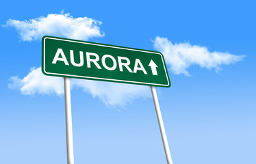 Obraz premium Road sign - Aurora. Green road sign (signpost) on blue sky background. (3D-Illustration) 