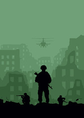 Illustration of the ruined city, helicopters and soldiers.