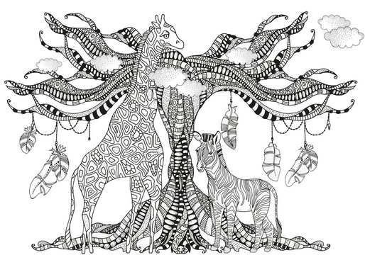 Coloring Book page for Adult and children. Giraffe and Zebra