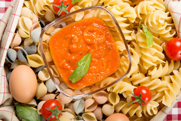 Pasta with tomato sauce and cherry tomatoes
