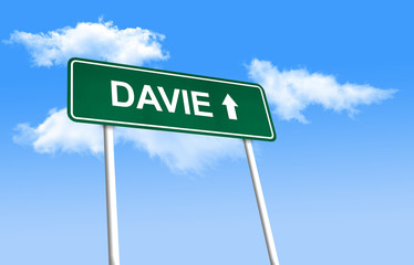 Road sign - Davie. Green road sign (signpost) on blue sky background. (3D-Illustration)
