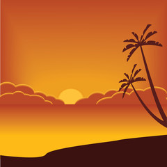 Fototapeta na wymiar Background, natural landscape: orange sky, sea and beach. Vector image