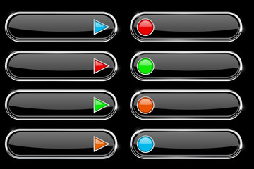 Black buttons with colored arrows and circles. Menu interface elements with metal frame
