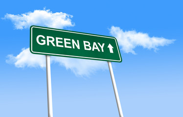Road sign - Green Bay. Green road sign (signpost) on blue sky background. (3D-Illustration)
