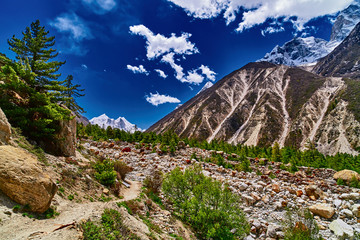 Valley and Mountains View in Himalaya. Gangotri glacier, Gaumukh, India.