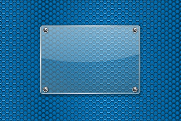 Transparent glass plate on blue metal perforated background