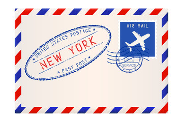 International air mail envelope from NEW YORK. With oval blue postal stamp