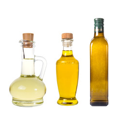 Set of extra virgin olive oil and sunflowerseed oil jars on a white background,bottle oil plastic big ,Bottle for new design,Small bottle of oil with cork stopper,oil concept
