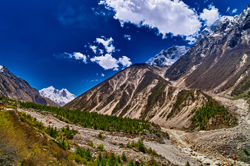 Valley and Mountains View in Himalaya. Gangotri glacier, Gaumukh, India.