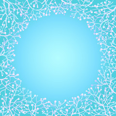 Fototapeta na wymiar Round frame with abstract branches and berries in soft blue and violet colors. Can be used for greeting cards, weddings and invitations. Vector colored sketch illustration.