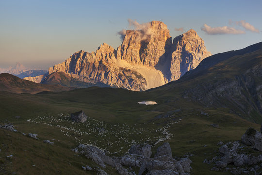 Mondeval alm with Pelmo Mount, San Vito di Cadore, Belluno, Veneto, Italy.