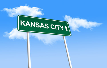 Fototapeta premium Road sign - Kansas City. Green road sign (signpost) on blue sky background. (3D-Illustration) 