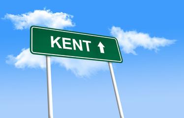 Road sign - Kent. Green road sign (signpost) on blue sky background. (3D-Illustration)
