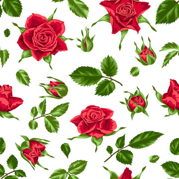 Seamless pattern with red roses. Beautiful realistic flowers, buds and leaves