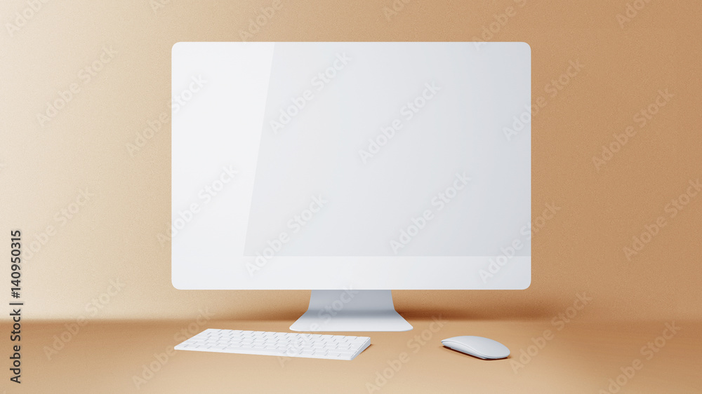 Wall mural desktop with blank white computer screen. mock up