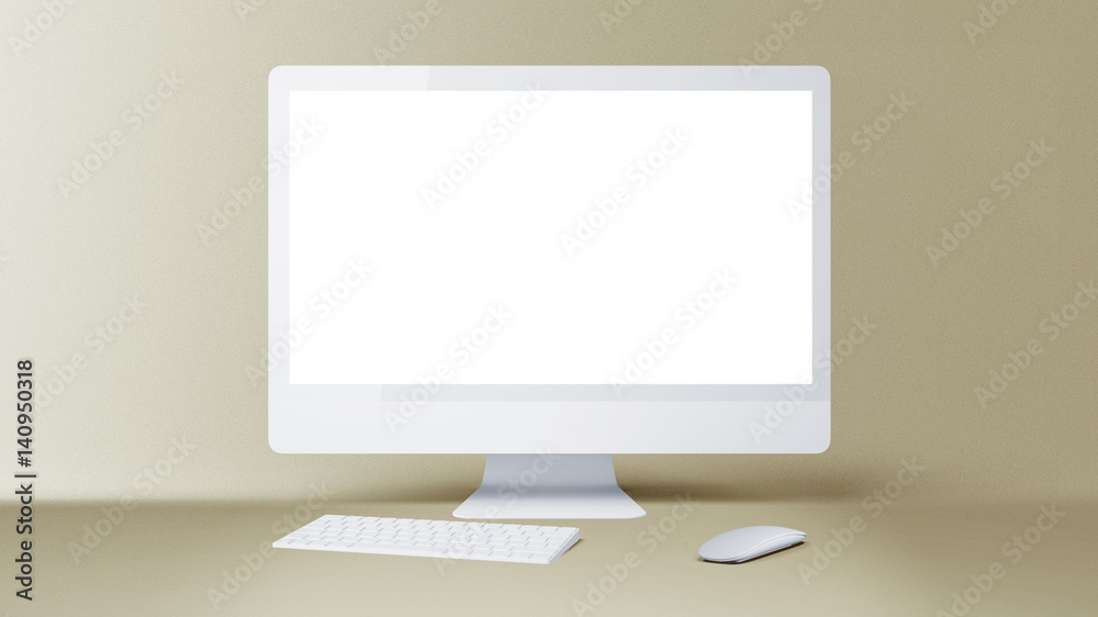 Wall mural desktop with blank white computer screen. mock up
