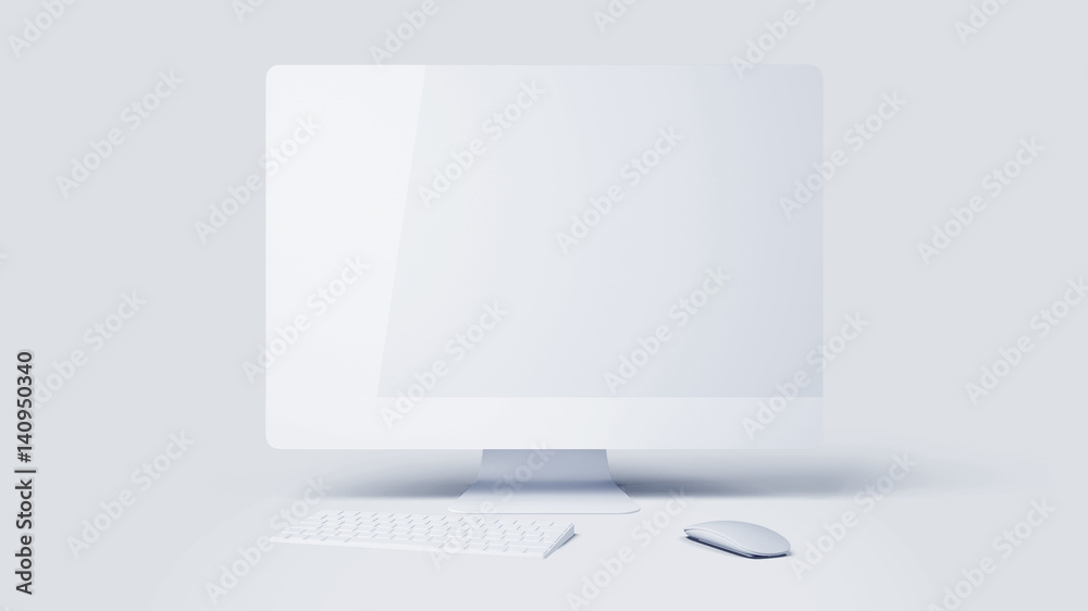 Wall mural desktop with blank white computer screen. mock up