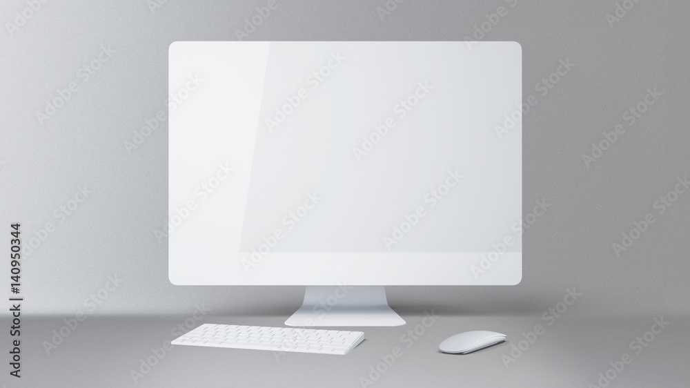 Wall mural desktop with blank white computer screen. mock up
