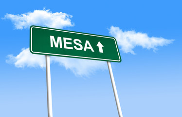 Road sign - Mesa. Green road sign (signpost) on blue sky background. (3D-Illustration)
