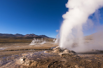 Geyser erupting activity in the Geysers del Tatio field in the Atacama Desert, Chile