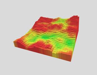 Colorful 3d voxel landscape. Heatmap surface made of rectangular blocks. Cubical model of futuristic game terrain. Hue data visualization. Modern abstract vector illustration. Element of design. - 140951100