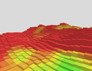 Colorful 3d voxel landscape. Heatmap surface made of rectangular blocks. Cubical model of futuristic game terrain. Hue data visualization. Modern abstract vector illustration. Element of design. - 140951115