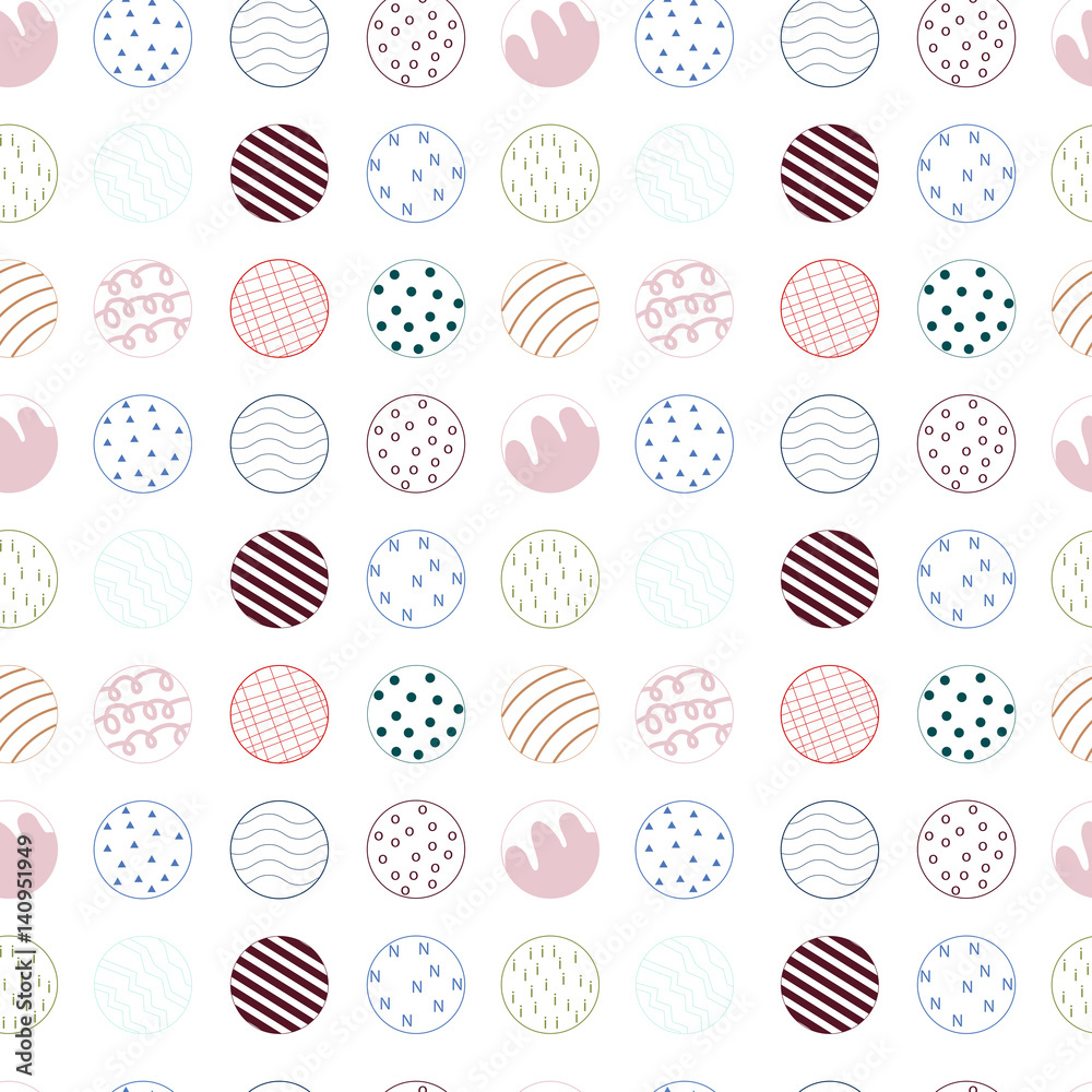 Poster Modern vector geometric seamless pattern with different doodles inside circles.