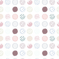 Modern vector geometric seamless pattern with different doodles inside circles.