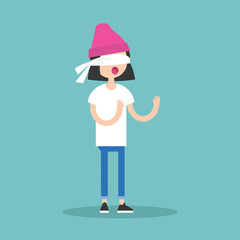 Young blindfolded brunette girl trying to find the right direction / flat editable vector illustration, clip art