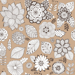 Vector flower pattern. Colorful seamless botanic texture, detailed flowers illustrations. All elements are not cropped and hidden under mask. Doodle style, spring floral background.