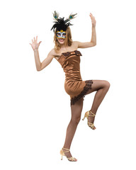 Carnival dancer woman wearing a mask dancing, isolated on white in full length.
