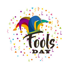 april fools day card with jester hat icon over white background. colorful design. vector illustration