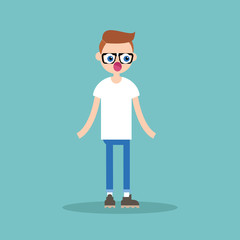 Surprised young nerd standing with protruding eyes and open mouth / flat editable vector illustration