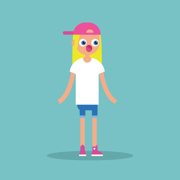 Surprised blond girl standing with protruding eyes and open mouth / flat editable vector illustration