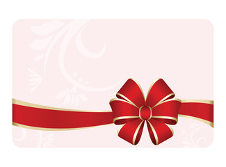 Gift certificate, Gift Card With Red Ribbon And A Bow on pink Flourish Decorative Elements  background.  Gift Voucher Template.  Vector image.