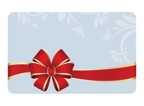 Gift certificate, Gift Card With Red Ribbon And A Bow on Blue Flourish Decorative Elements  background.  Gift Voucher Template.  Vector image.