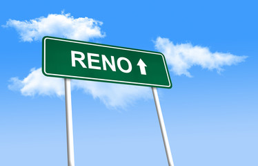 Road sign - Reno. Green road sign (signpost) on blue sky background. (3D-Illustration)
